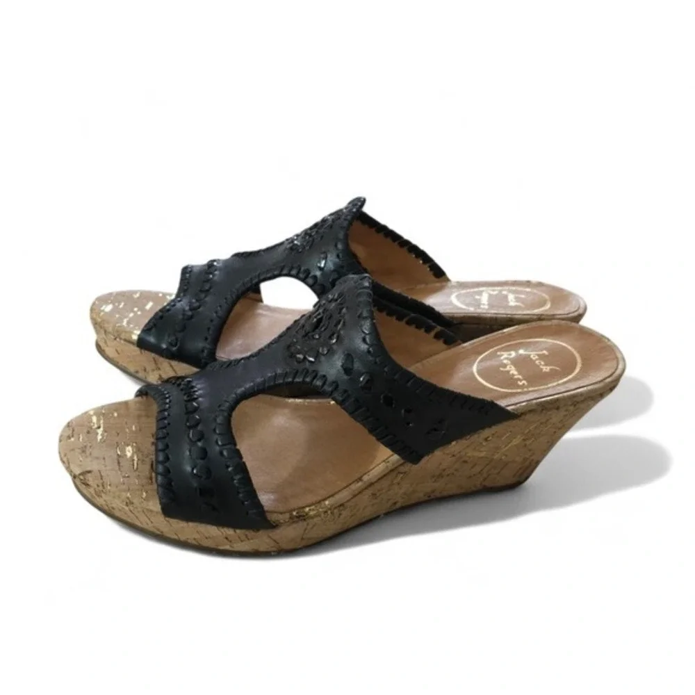 Jack Rogers Black‎ Leather Whipstitch Cork Wedge Sandals Gold Fleck 7.5M